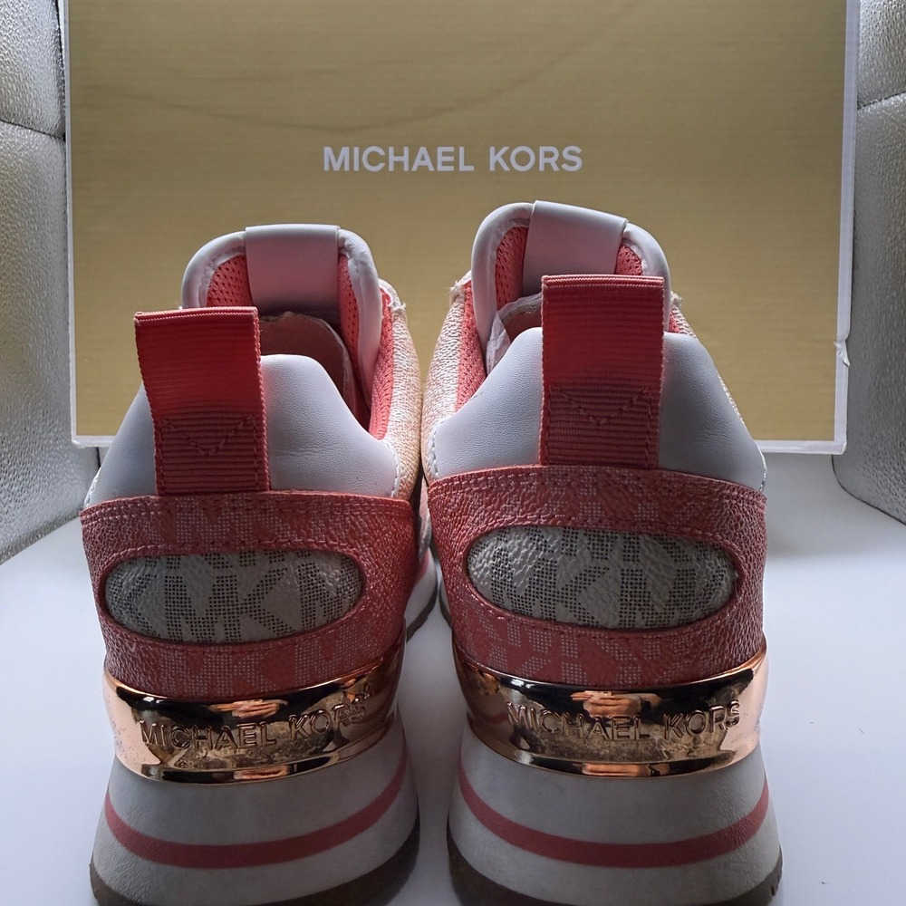 Michael Kors Womens Low Top Sneakers Coral White Logo Mesh Trainers Rose Gold - Picture 4 of 11